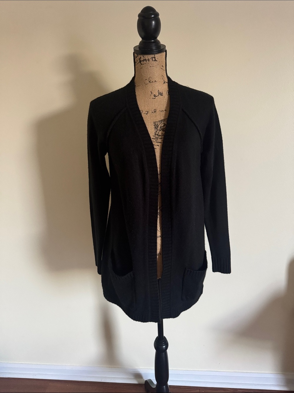 Classic Black Open-Front Pocket Cardigan Sweater With An Open Back